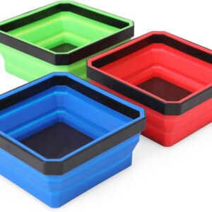 PR1ME Collapsible Magnetic Parts Tray Set, Foldable Magnetic Tray, 3 Pieces 4.25 inch Square Silicone Bowls with Magnetic Base Stores and Organizes Small Parts and Tools